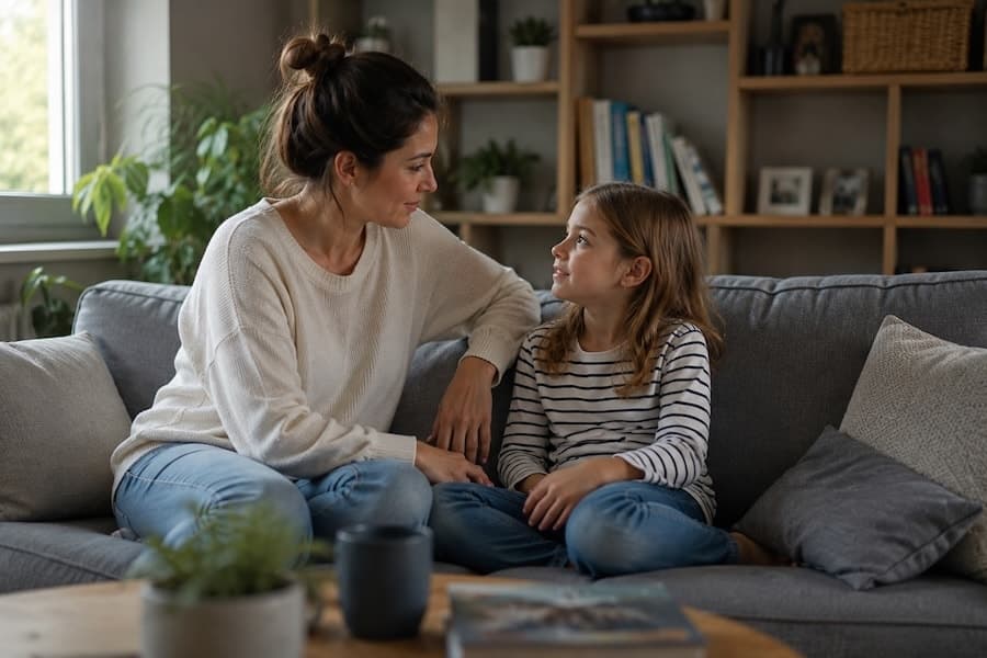 Parent et enfant échangeant dans un salon lumineux